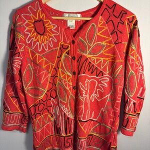 Susan Bristol Linen Blend Artsy Folk Lightweight Sweater Animal Motif Medium